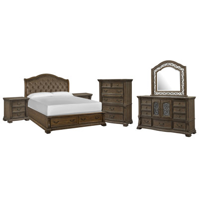 Hans King Upholstered Sleigh Storage Bed 2 Nightstands Drawer Dresser With Shaped Mirror And Drawer Chest