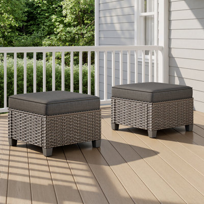2 Pieces Outdoor Patio Ottoman, All Weather Rattan Wicker Ottoman Seat, Patio Rattan Furniture Dark Grey