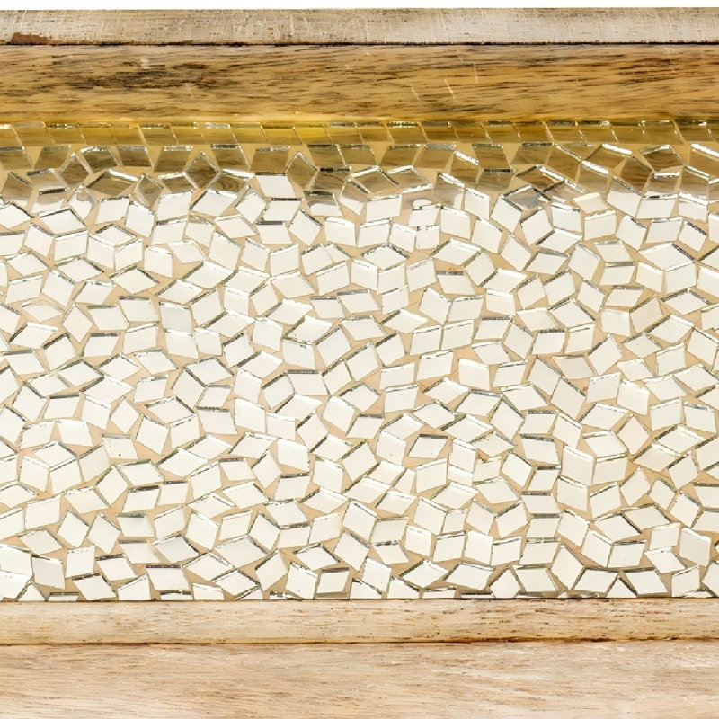 Plateau de meuble-lavabo en bois naturel de 12 po avec incrustation de mosaïque argentée, plateau de rangement décoratif rectangulaire pour la salle de bain, la chambre à coucher et la commode