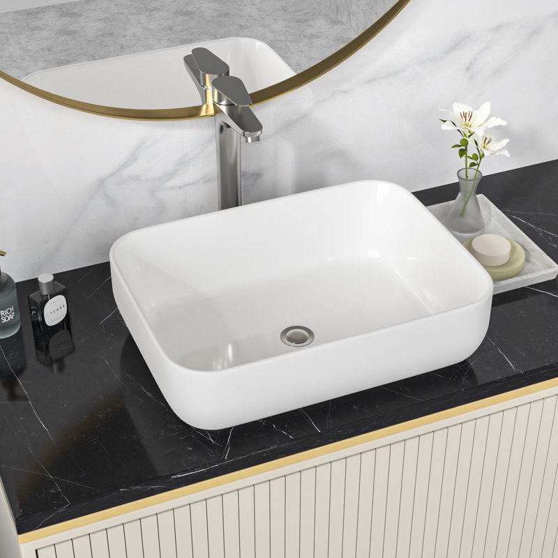 20" L x 15" W White Ceramic Rectangular Vessel Bathroom Sink