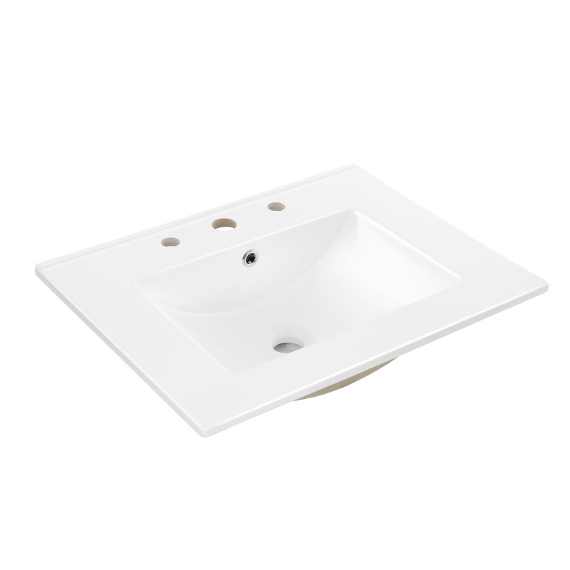 Plateau de meuble-lavabo à simple cuve rectangulaire contemporain en céramique à 3 trous 24 po Ancillary, White