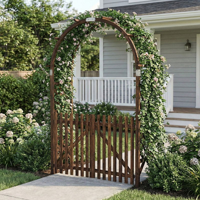 Tonnelle de jardin en bois brun clair 7,1 pi x 4,5 pi avec barrière