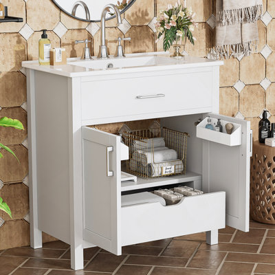 Meuble-lavabo de 30 pouces avec lavabo en céramique et beaucoup de rangement - le choix pour les petites salles de bain