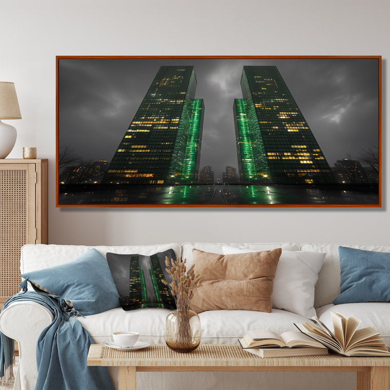 Vert, gris, bâtiment urbain, tours, impression d'art mural, Black Floater Framed, H 28 po x l 60 po