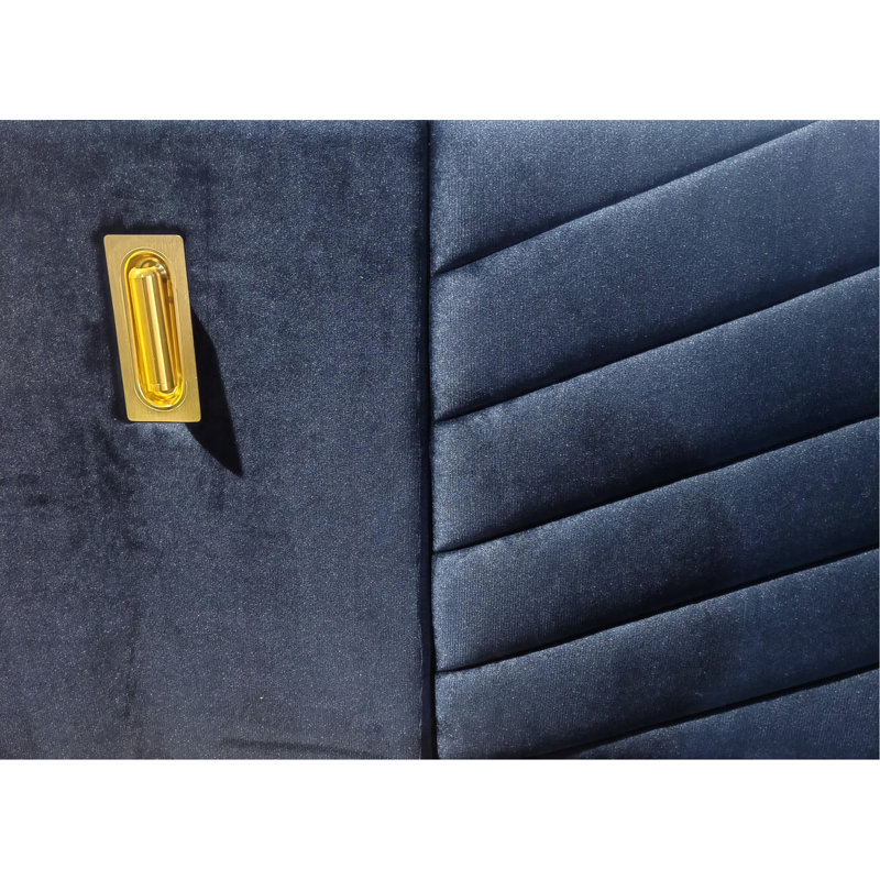Grand lit plateforme en velours bleu rétro - Construction, tendance avec structure et tête de lit en bois