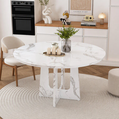 Table de salle à manger ronde de 120 cm (47,24 po) pour 4 personnes - Table de style campagnard en MDF avec finition blanc marbré, capacité de 136 kg (300 lb), montage facile pour la cuisine/salle à manger