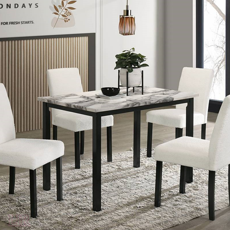 Ensemble de salle à manger contemporain en tissu de laine avec plateau en faux marbre et chaises rembourrées, parfait pour des repas élégants et confortables.