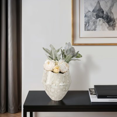 Decorative Porcelain Flower Vase with Patterned Design for Home Decor - Sculptural Tall Vase Accent for Living Room Styling - Ivory & Gray