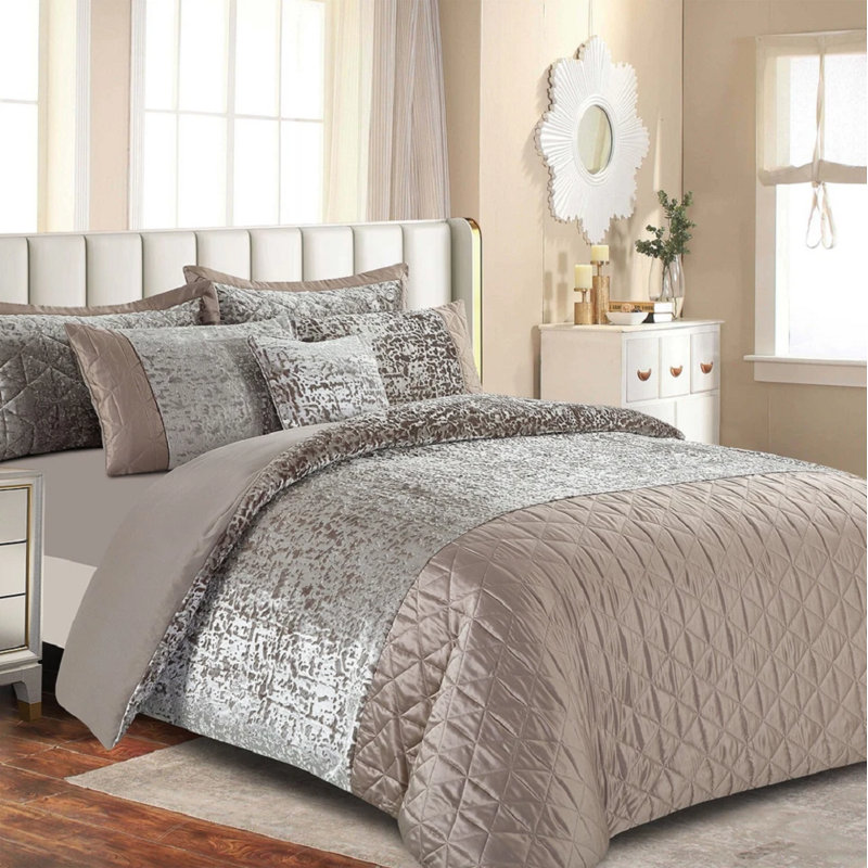 Velvet Geometric Duvet Cover with Pillowcases, Mink, Kingsize Duvet Cover + 2 Standard Pillowcases