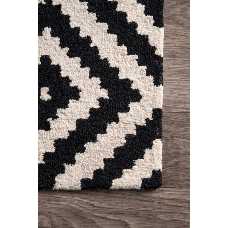 Decca Geometric Handmade Tufted Wool Black/Cream Area Rug, Oval 8' x 10'