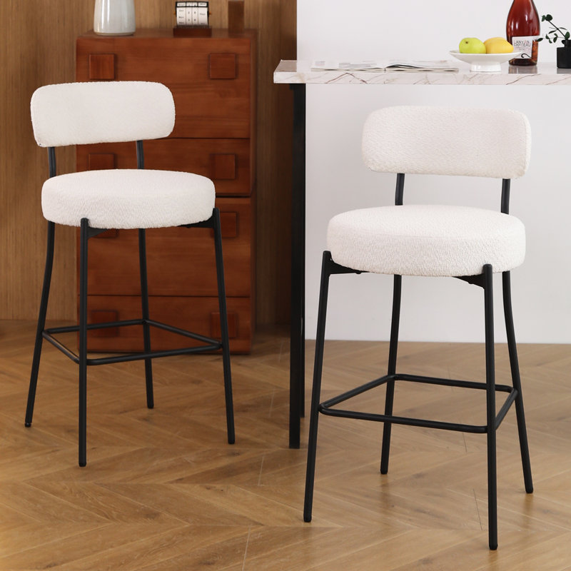 Emielia  Modern Counter Height Bar Stools , 28 Inch Upholstered Barstools with Curved Open Back & Round Seat, Plush Bouclé Fabric Bar Chairs for Kitchen Island, Dining Counter & Home Bar, Comfortable & Stylish