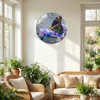 Horloge murale décorative moderne en verre Butterfly Flowers