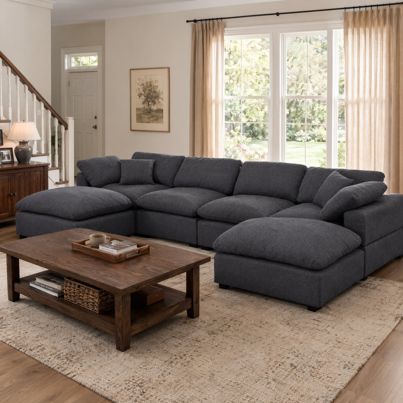 Wilroy 6-Piece Reversible U-Shaped Sectional , Dark Gray Chenille