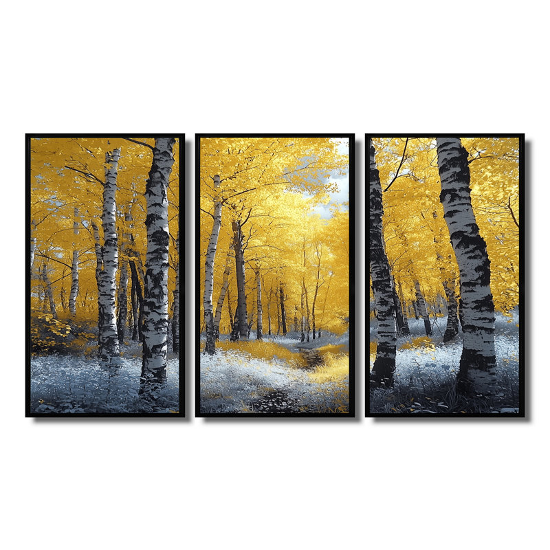 «Yellow Birch Woods in Forest Photo III», ensemble de reproduction d'art mural forêt, Toile avec cadre flottant noir