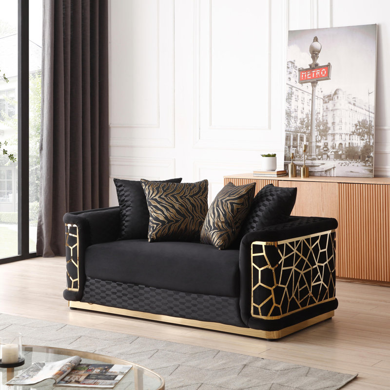 Talia 68'' Velvet Square Arm Loveseat, Black Velvet,  26" H x 68" W x 36" D