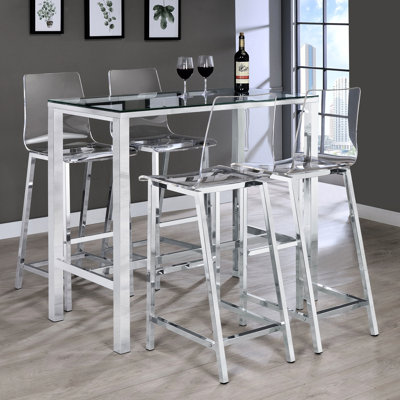 Futuriste 5 barres avec garniture, table rectangulaire et 4 sièges en acrylique confortables pour une apparence élégante, tabourets en verre