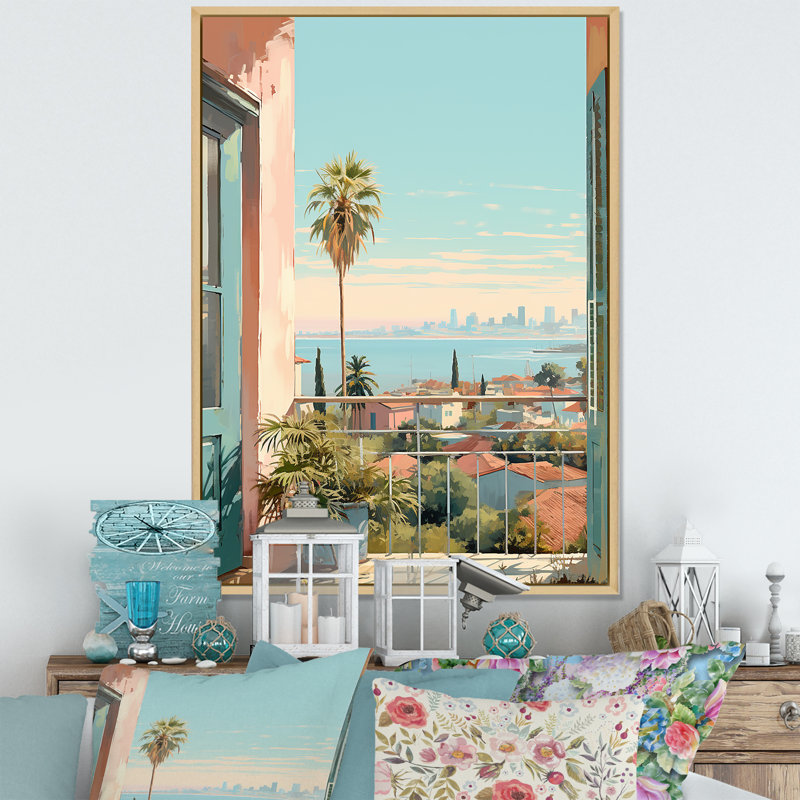«Vintage Los Angeles Windows View 1 - Floral Window», art mural rétro, Cadre flottant brun, H 40 po x l 30 po x P 1,5 po