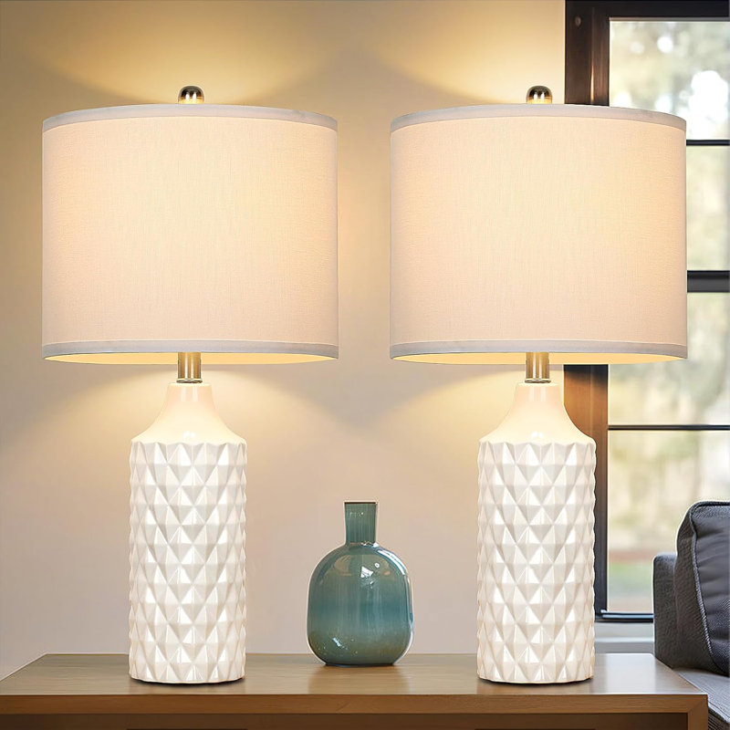 Handmade Ceramic Table Lamps Set Of 2 - 25" White 3-Way Dimmable Nightstand Lamps For Bedroom