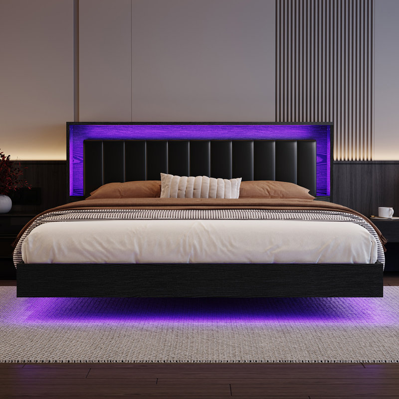 Modern Led Pseudo-Floating Bed, Open Platform Velvet Upholstered Bed