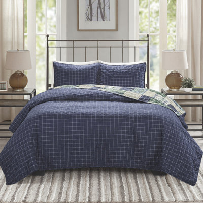 Courtepointe 3 pièces bleu marine - réversible, motifs patchwork et écossais, microfibre douce, taies décoratives à fermeture à glissière / rembourrage en coton bleu marine,