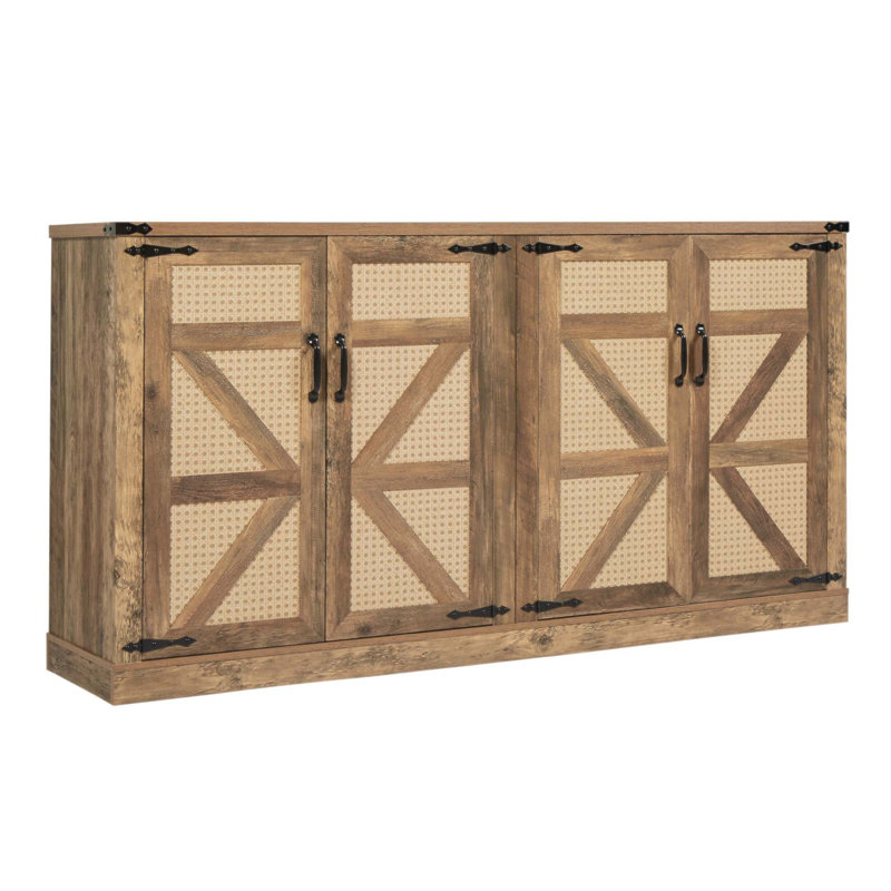 Buffet de 65 pouces en faux rotin avec portes de grange, grand rangement, durable et élégant pour une utilisation dans plusieurs pièces