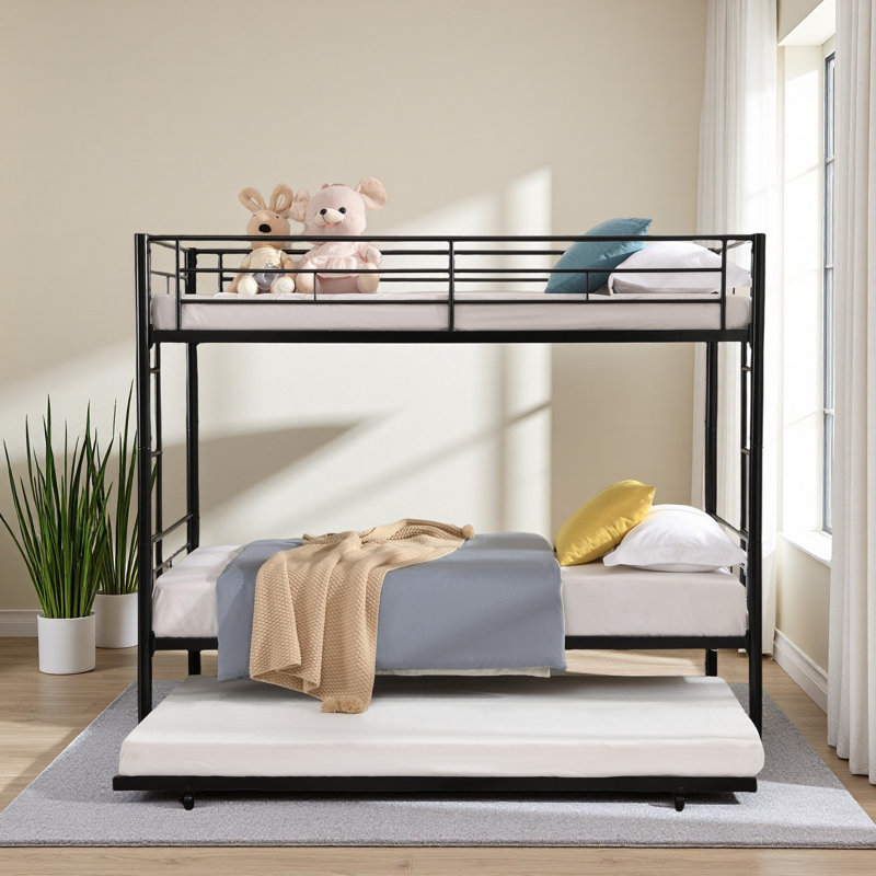 Twin Over Twin Metal Bunk Bed With Trundle, Black