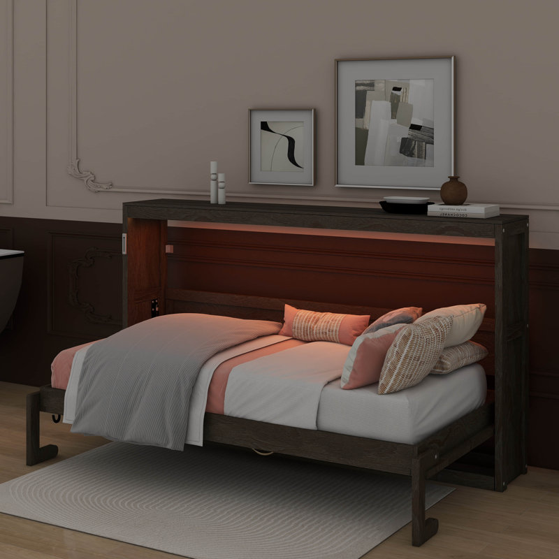 Lit escamotable simple avec lumière DEL, peut être plié dans une armoire, Brun