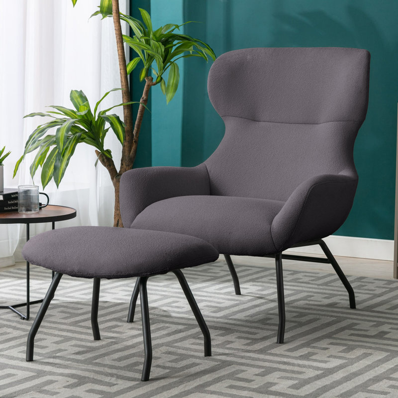 Fauteuil d'appoint à oreilles avec repose-pieds Cathalina, Mélange de polyester gris