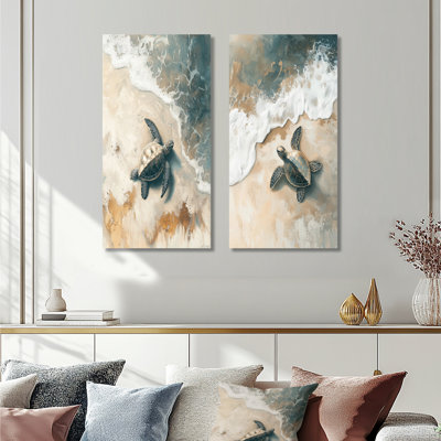 Baby Turtle Trails On The Beach III - Animals Wall Art 2 Panels Collection
