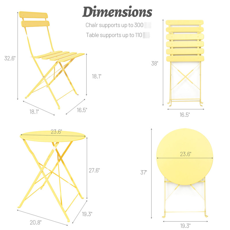 Yellow 3 Pieces Patio Bistro , Metal Chair Table, Construction With Rust Resistance, Foldable For Storage, Easy To Clean, Cushions Included Balcony Furniture - Yellow, Strong Rust- Frame, Stylish And