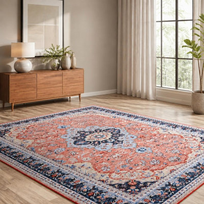 Washable Vintage Medallion Area Rug, Non-Slip Carpet, Soft 350 GSM Polyester Low-Pile Surface with TPR Backing for Indoor Household Spaces