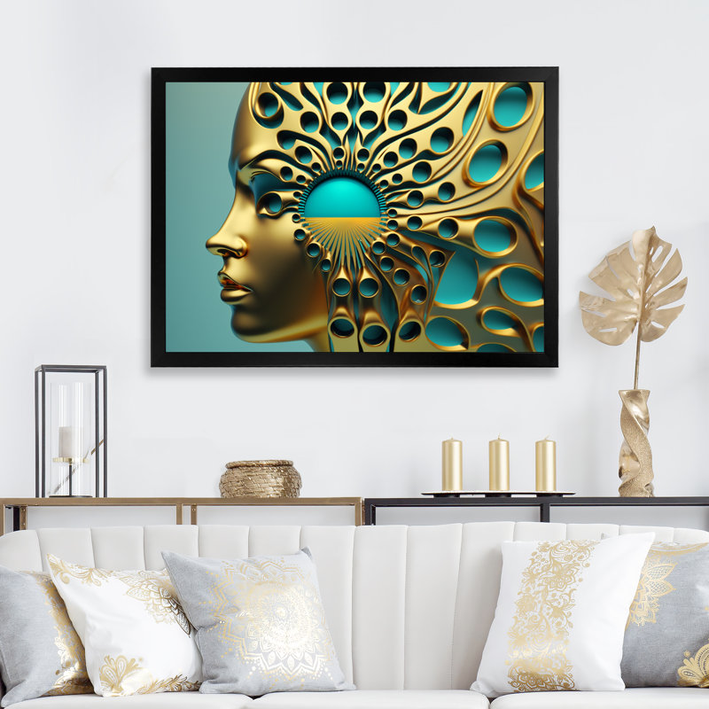 «Visionary Gold and Turquoise Goddess III», reproduction sur toile, H 34 po x l 44 po x P 1,5 po, Cadre photo noir