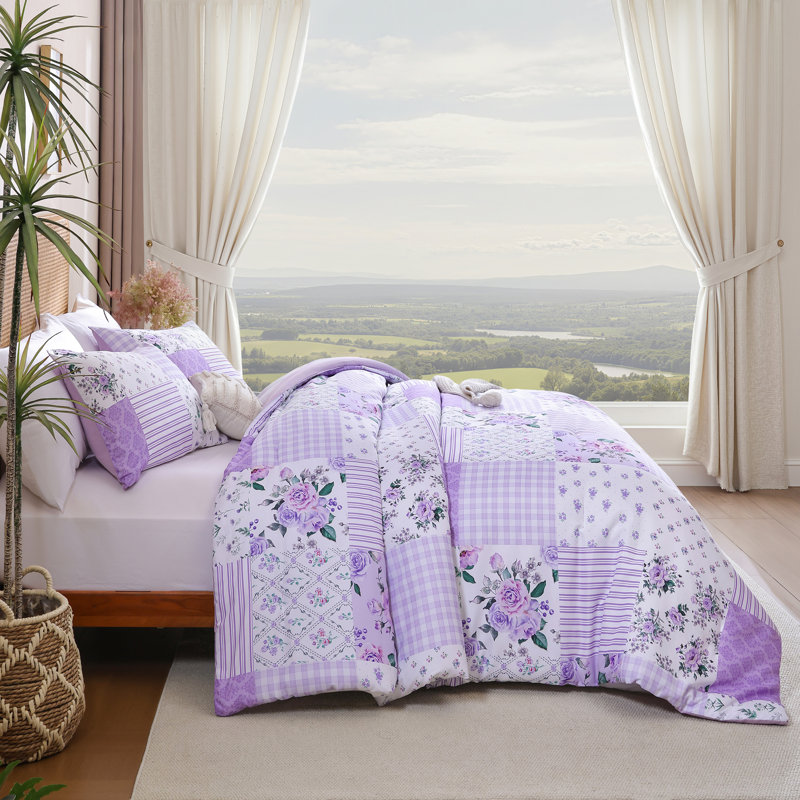 Ensemble d'édredon floral - édredon toutes saisons à motif floral, Édredon double + 2 taies d'oreiller standard, Purple
