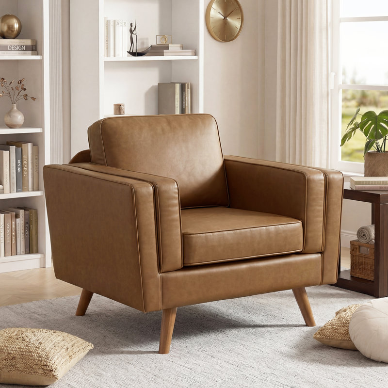 39.3'' Wide Upholstered Accent Chair With Solid Wood Legs, Brown Faux Leather