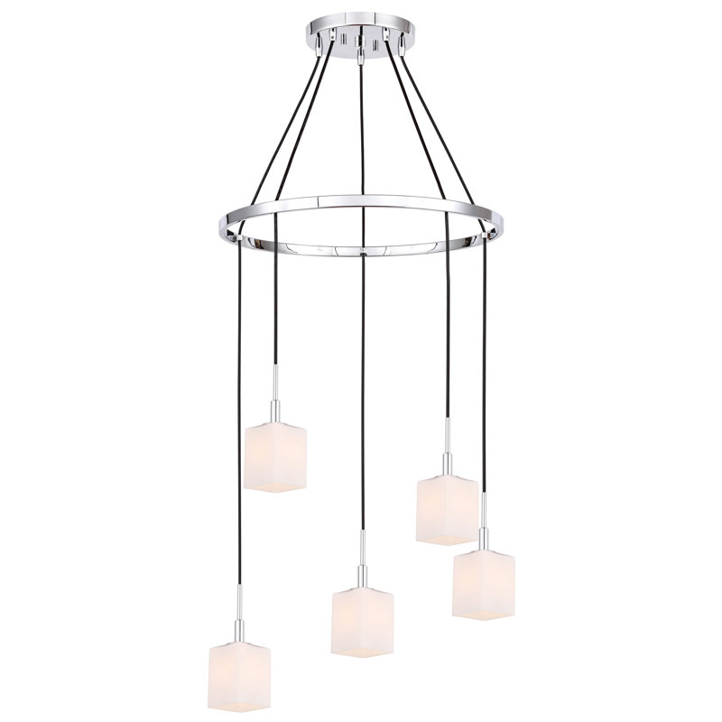 Luminaire suspendu rectangulaire 5 lumières grappe Thiede, Chrome, Halogène