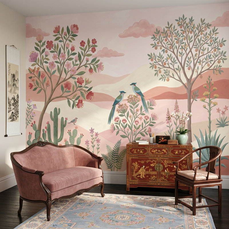 Décoration murale pastel désert paysage floral botanique amovible oiseaux, 200 po x 120 po, Non tissé