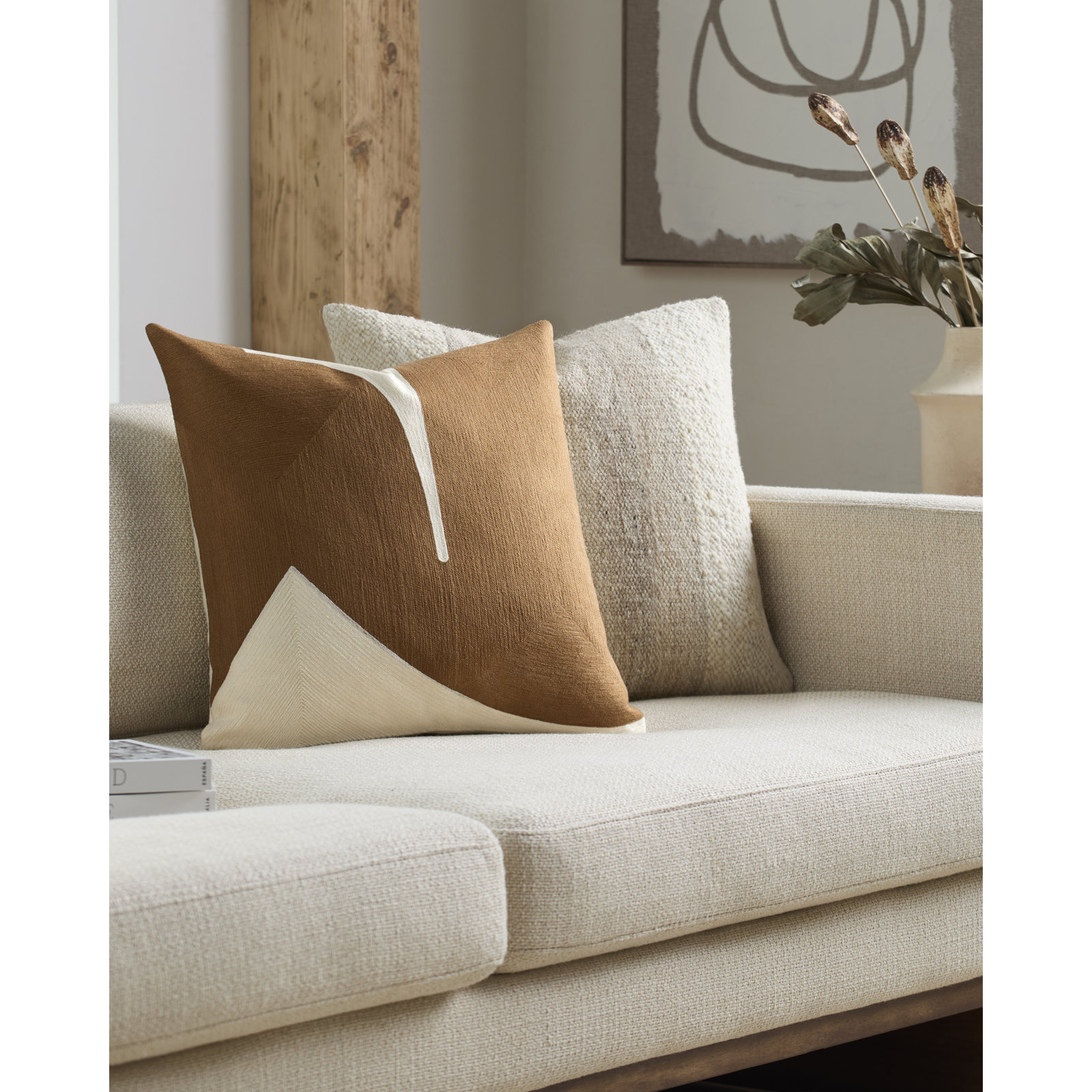 Embroidered Cotton Pillow Cover, Square 20", Polyester, Tan