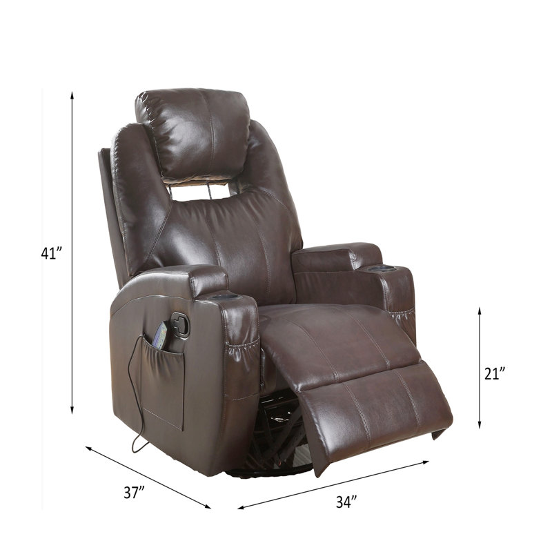 Fauteuil inclinable standard en similicuir à dégagement zéro de 34 po avec masseur Beuna, Similicuir brun