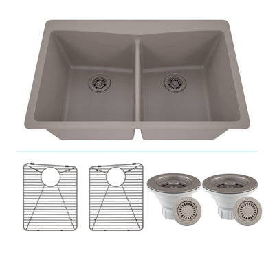 33" x 22"  Quartz Kitchen Sink, Lexicon Platinum Double Bowl Sink, Drop-in Sink, Undermount Sink, Granite Kitchen Sink, with 2 Steel Grids and Basket Strainer, Disposal Flange