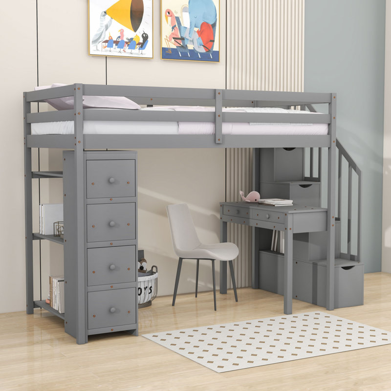 Helson Kids Twin 6 Drawers Wood Loft Bed with Built-in Desk and Shelves, Gray
