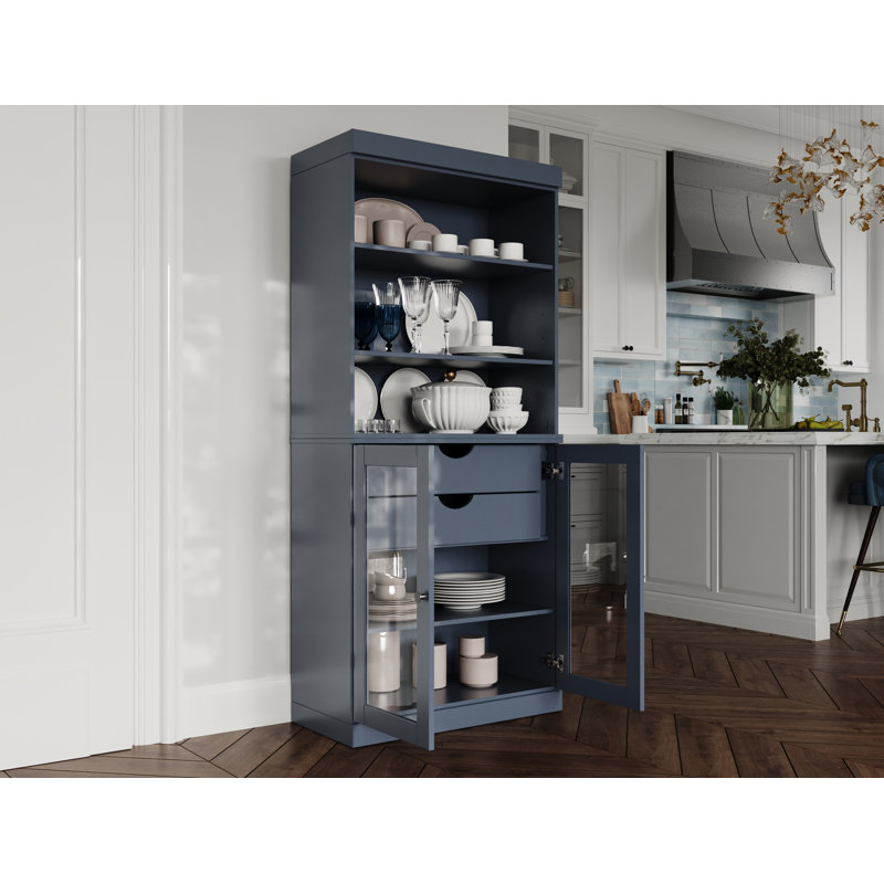 Garde-manger 100% bois massif Kaniesha 32 po avec portes en verre transparent, 2 tiroirs et tablettes réglables, Bleu antique