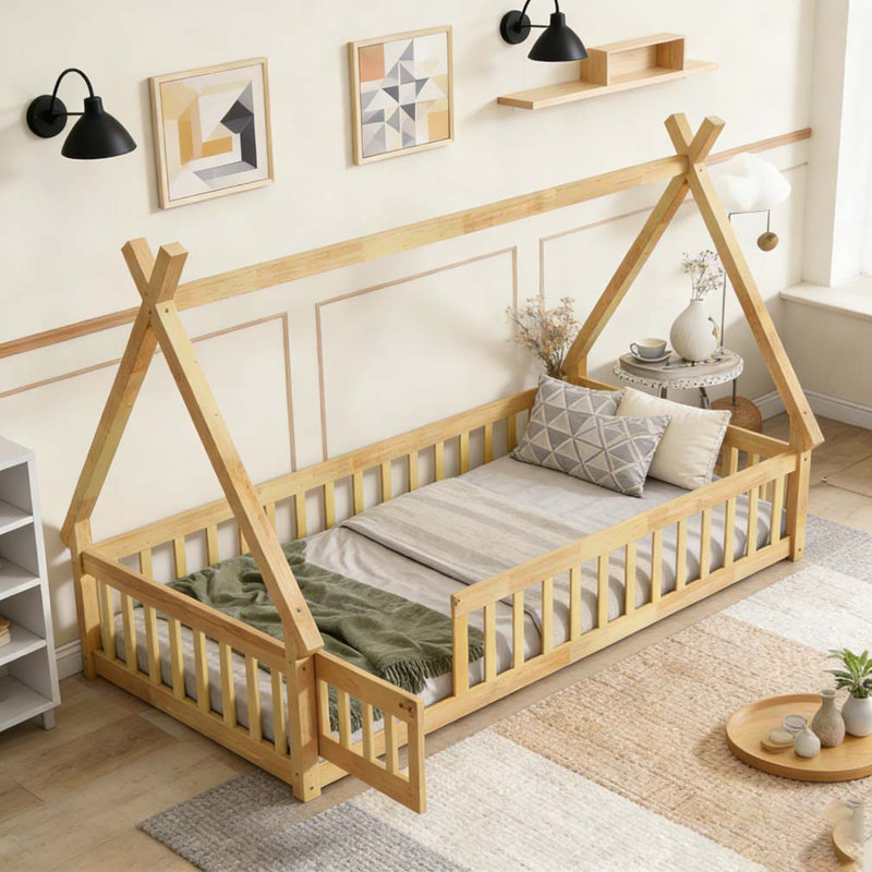 Lit de sol en forme de tente, lit tipi avec garde-corps, lattes et porte, Lit simple, Naturel