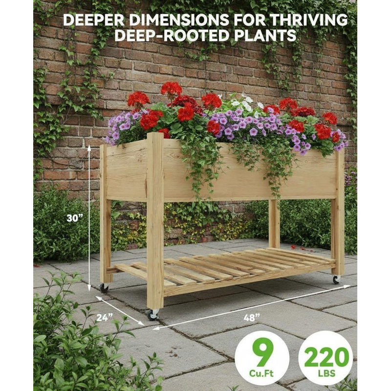 Lit de jardin surélevé, avec roues verrouillables et tablette de rangement