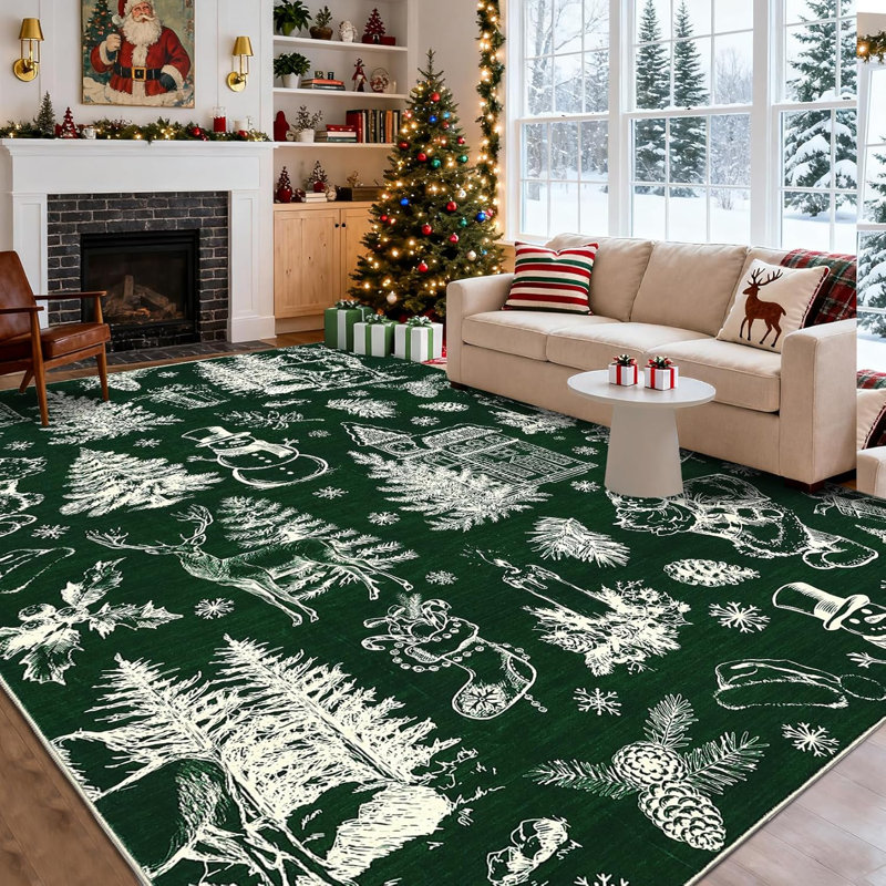 Christmas Rug – Washable, Non-Slip, Low Pile, Soft Xmas Printed Carpet for Hallway, Bedside , Rectangle 4' x 6'