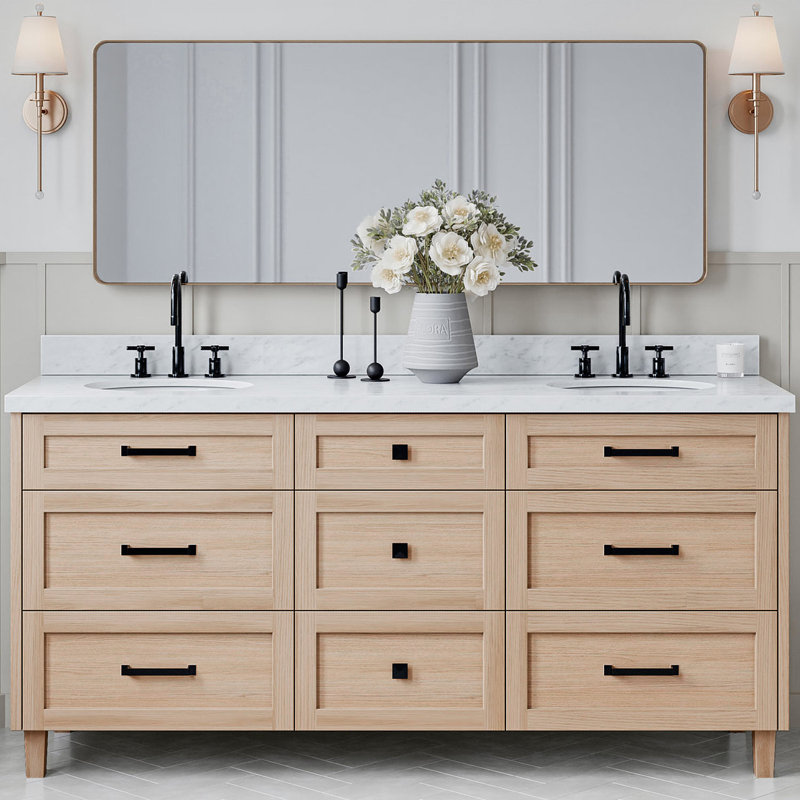 Meuble-lavabo double avec comptoir ARIEL, Chêne, 60" - 61", Carrara White Quartz