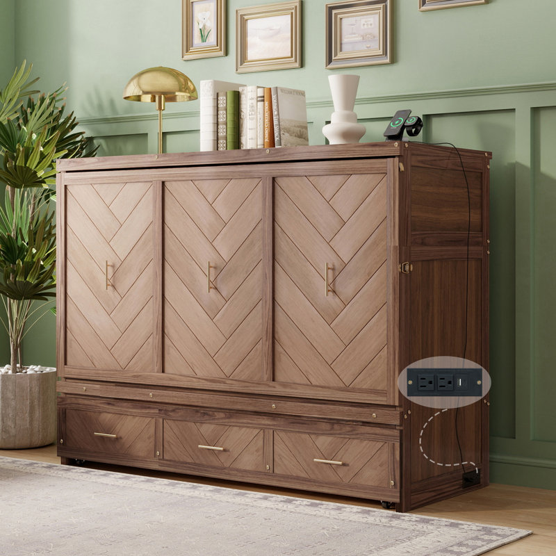Grand lit escamotable avec armoire en bois de pin, charge USB intégrée et panneaux de conception géométrique, Brun