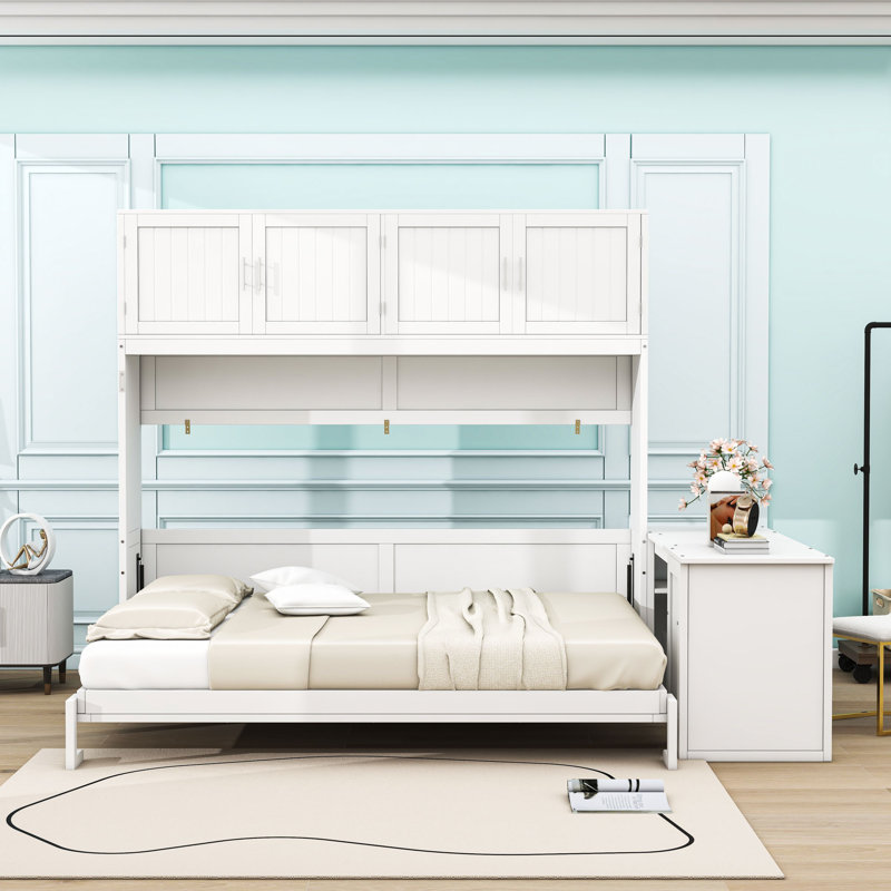 Grand lit escamotable mural avec bureau et tablettes de rangement, Blanc
