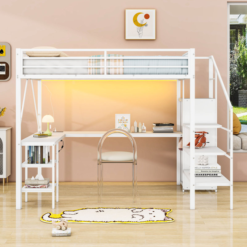 Metal Loft Bed With Open Wardrobe, LED Light, Desk, Charing Station And Storage Stair, Full, White