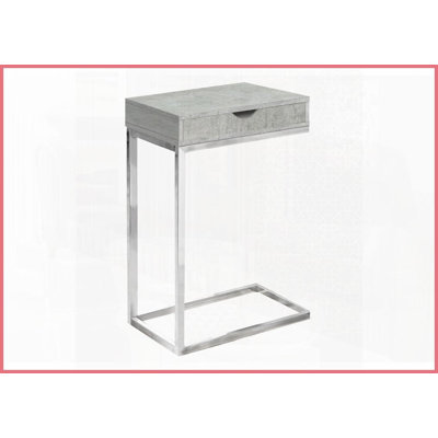 Table basse en forme de C pour le salon, plateau en stratifié gris avec base chromée et amp; Tiroir de rangement