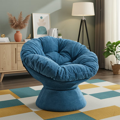 Fauteuil demi-tonneau pivotant surdimensionné de 33 pouces de largeur, fauteuil en chenille moderne avec rotation à 360 °, fauteuil moelleux profond pour le salon et la chambre à coucher, bleu